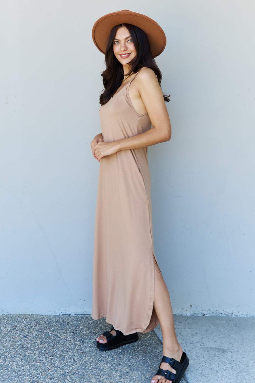 Ninexis Good Energy Full Size Cami Side Slit Maxi Dress in Camel Casual Dresses - Tophatter Daily Deals