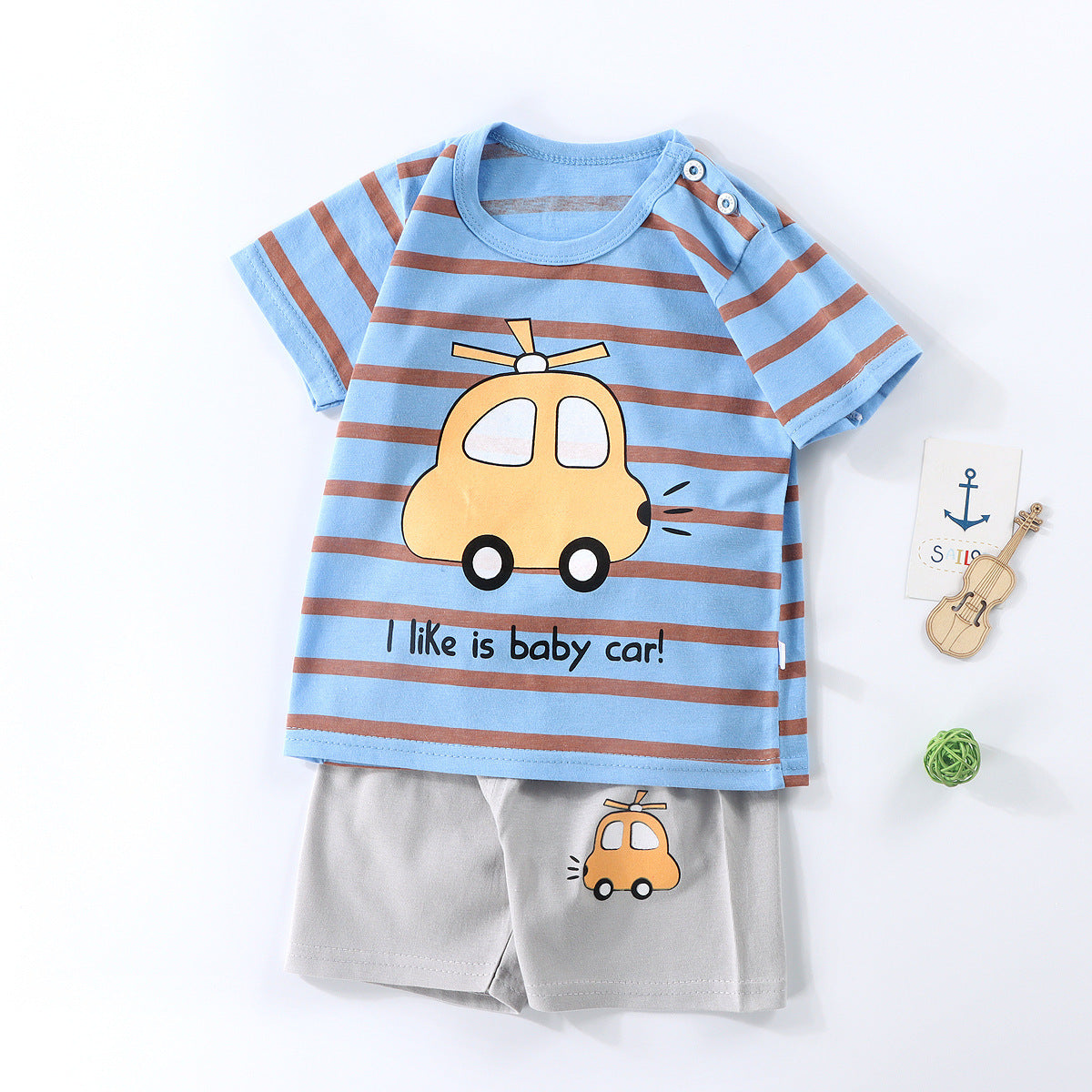 Boys And Girls Summer T-shirt Half Sleeve Suit Shorts Thin Blue Stripe Car 0 - Tophatter Daily Deals