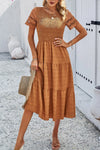 Smocked Round Neck Short Sleeve Midi Dress Ochre Casual Dresses - Tophatter Daily Deals