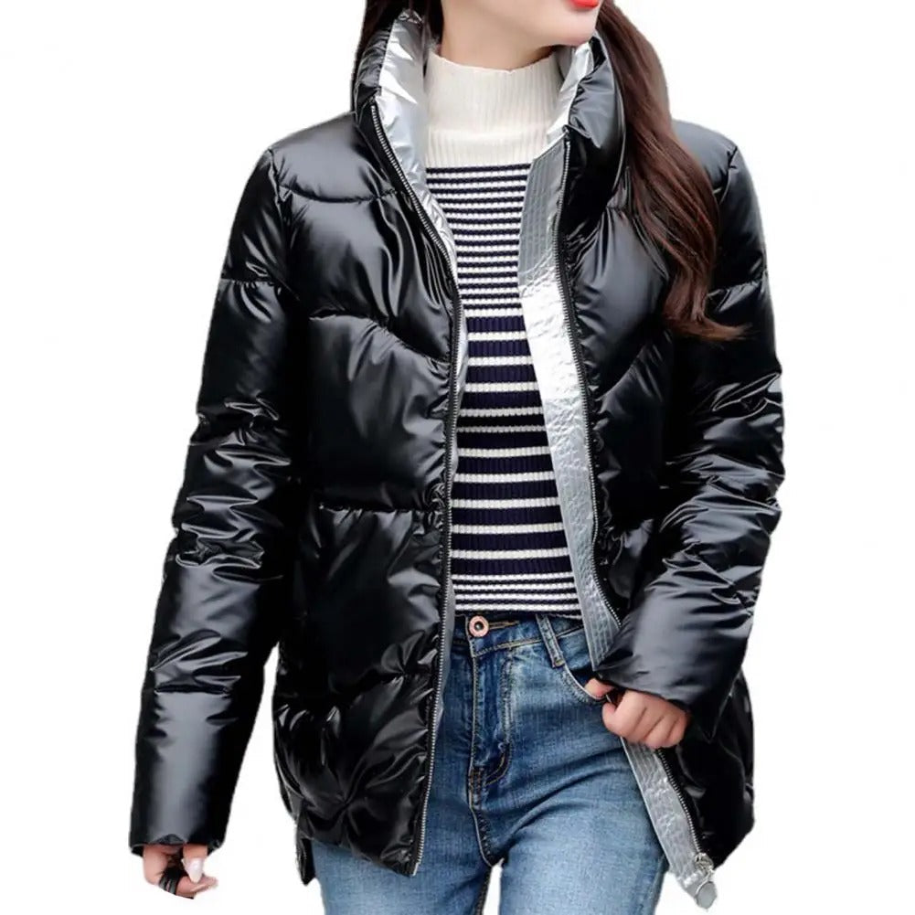 Warm Women’s Puffer Jacket - Cozy Glossy Shell, City Black - Tophatter Daily Deals