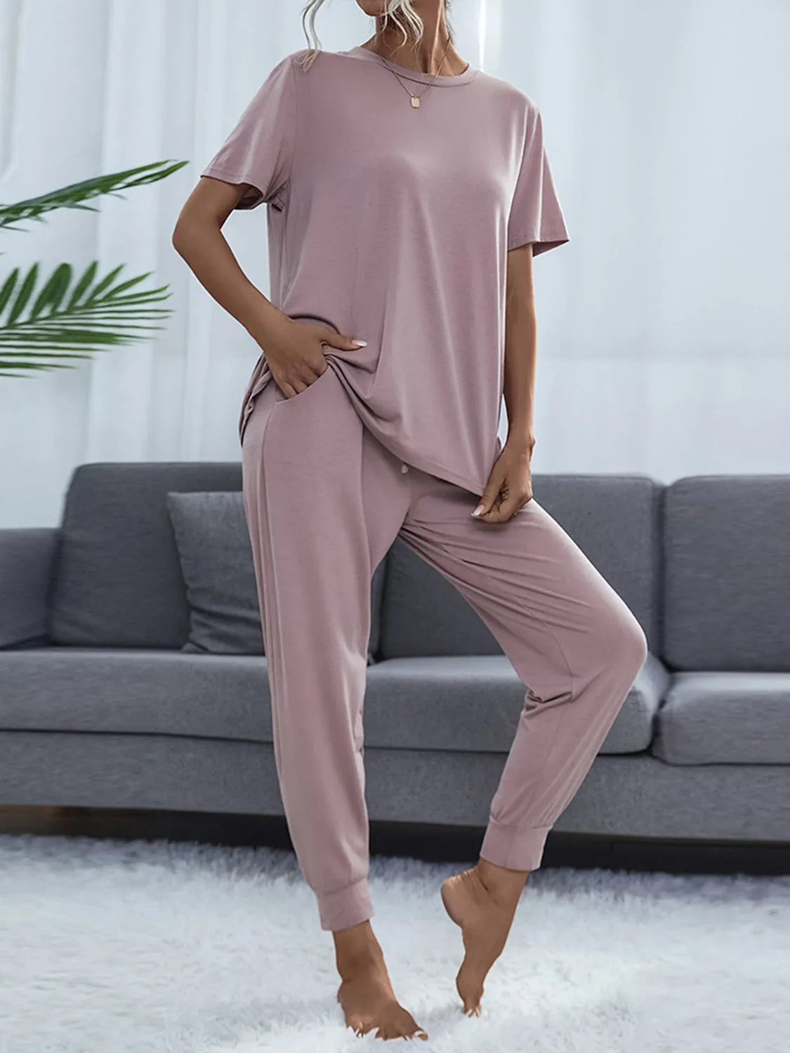 Round Neck Short Sleeve Top and Pants Set Lilac Loungewear Sets - Tophatter Daily Deals