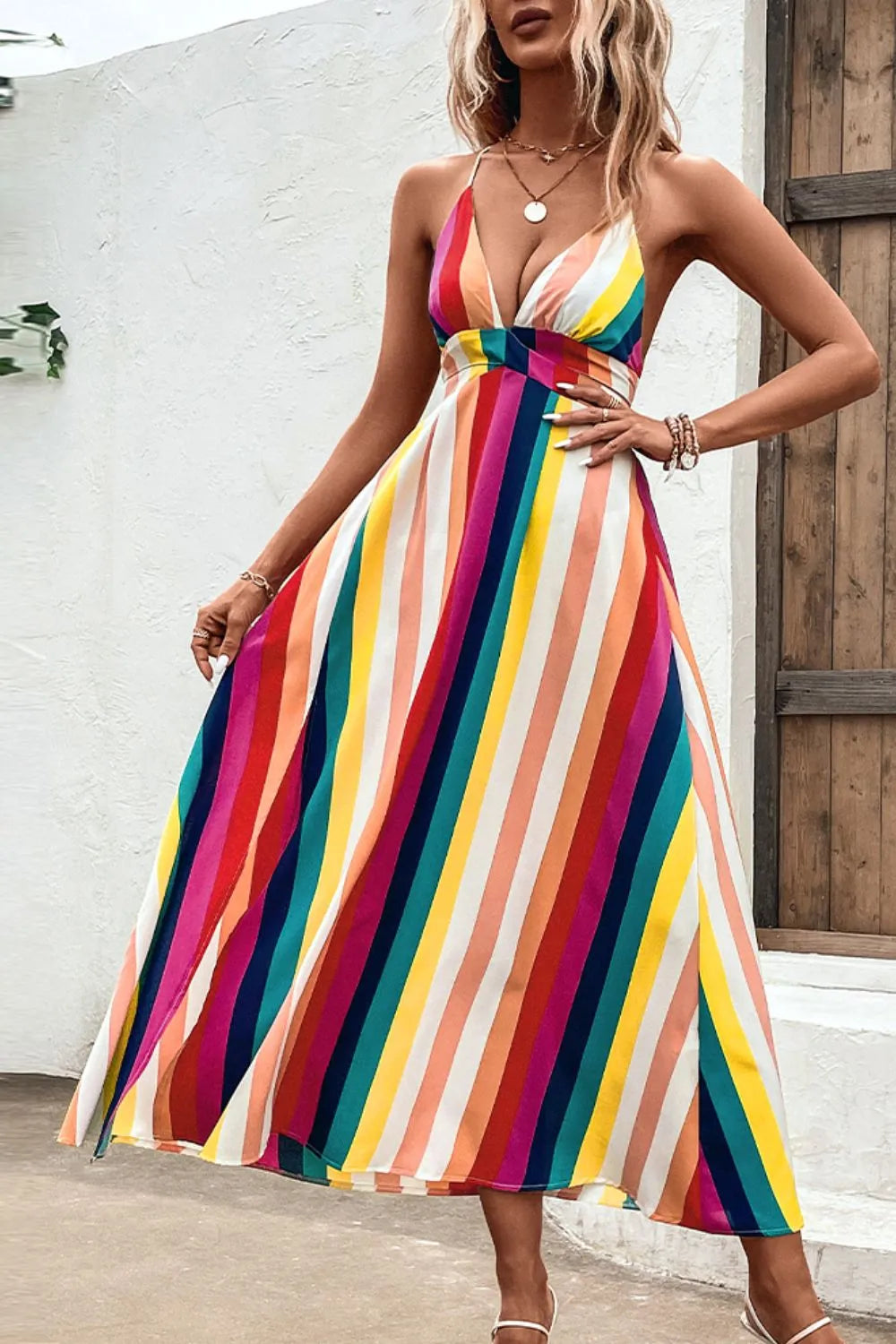 Multicolored Stripe Crisscross Backless Dress Multicolor Casual Dresses - Tophatter Daily Deals