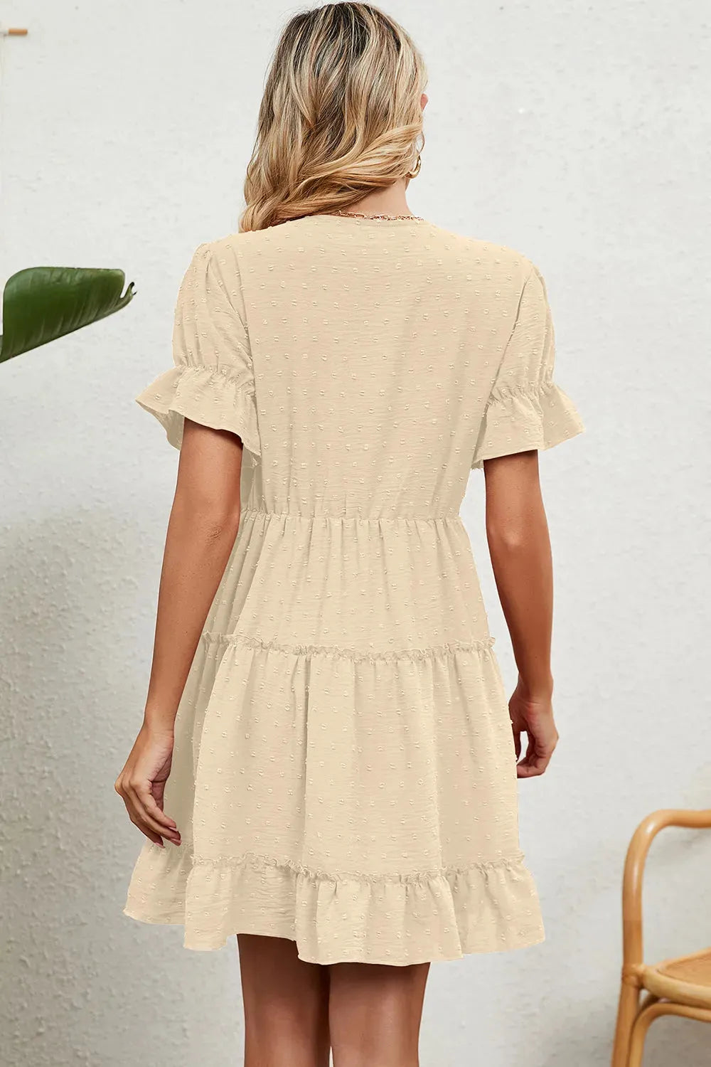 Swiss Dot V-Neck Flounce Sleeve Mini Dress Casual Dresses - Tophatter Daily Deals