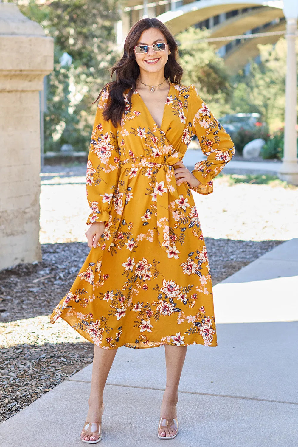 Double Take Full Size Floral Tie Back Flounce Sleeve Dress Caramel Casual Dresses - Tophatter Daily Deals