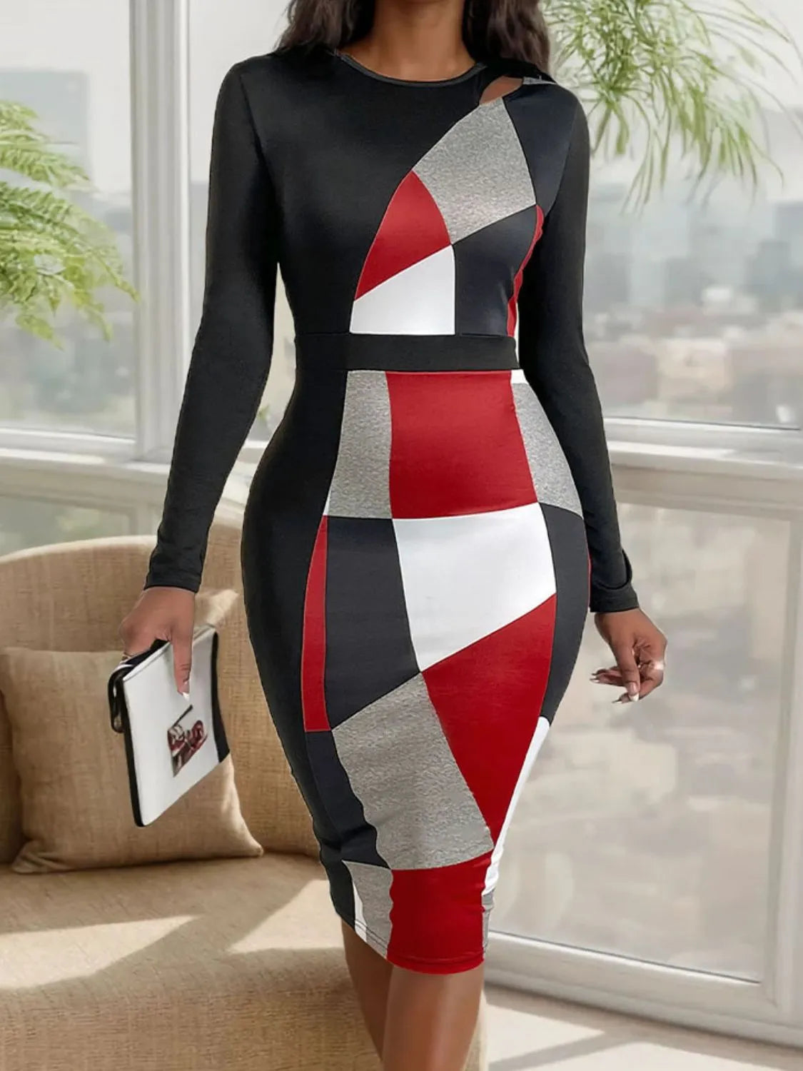 Perfee Cutout Color Block Round Neck Long Sleeve Dress Black Casual Dresses - Tophatter Daily Deals