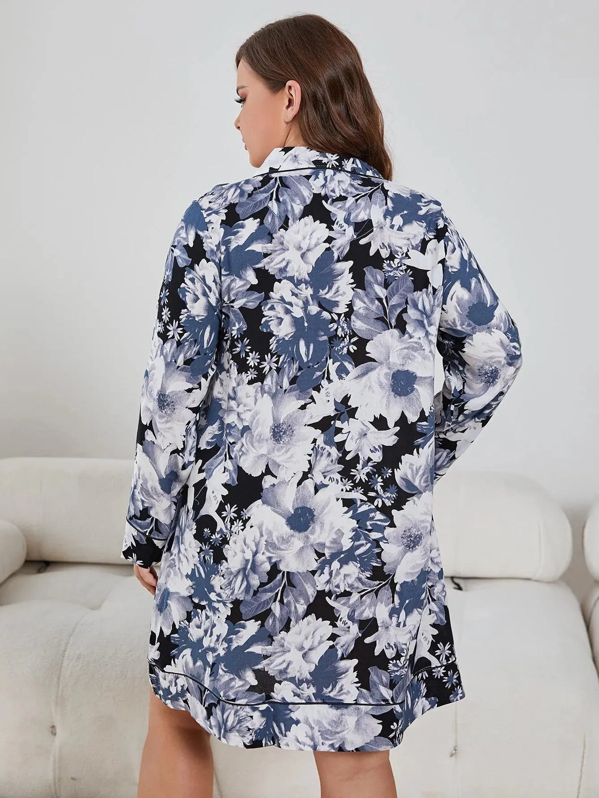 Plus Size Floral Lapel Collar Long Sleeve Night Dress Sleep Dresses - Tophatter Daily Deals
