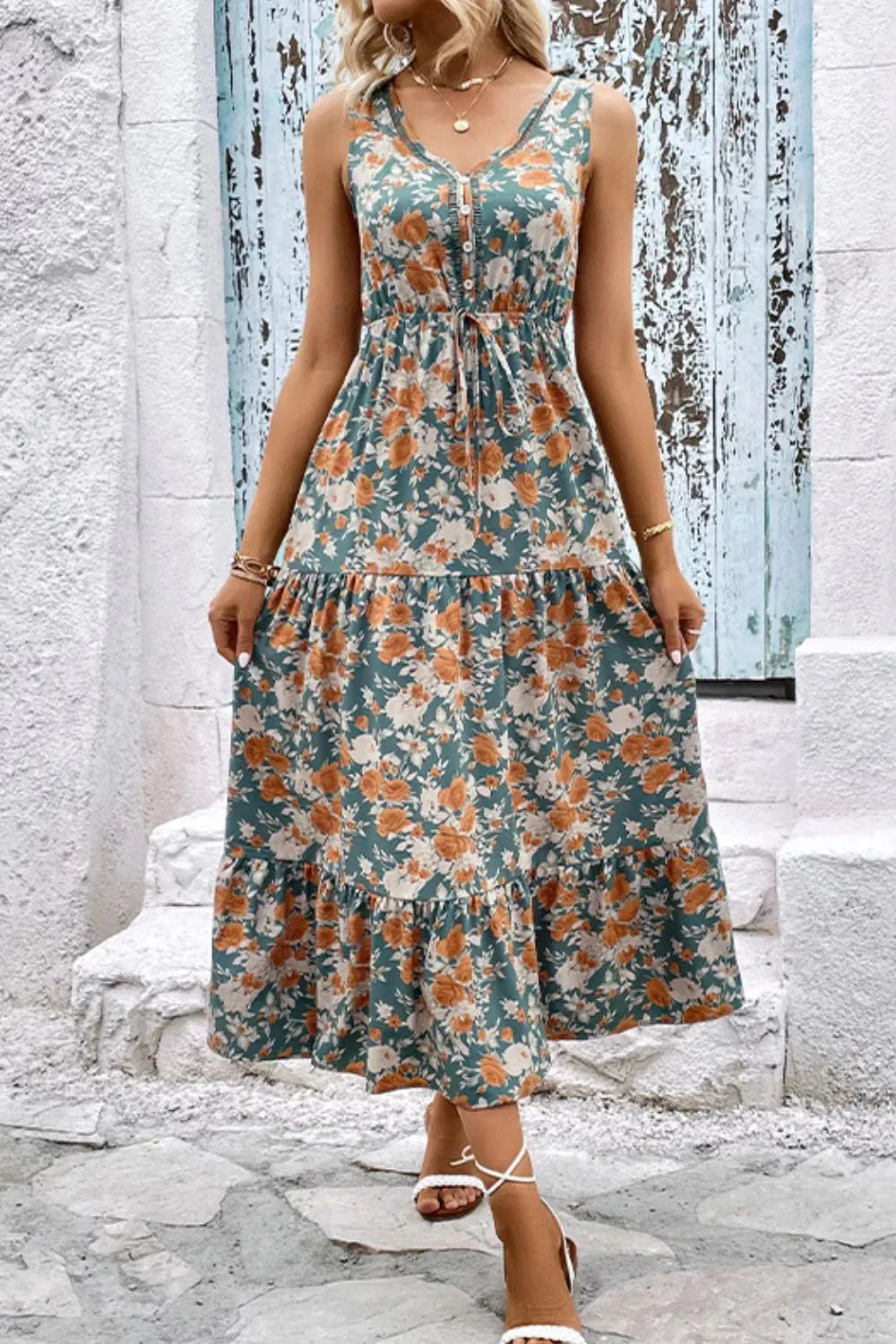 Floral V-Neck Tiered Sleeveless Dress Casual Dresses - Tophatter Daily Deals