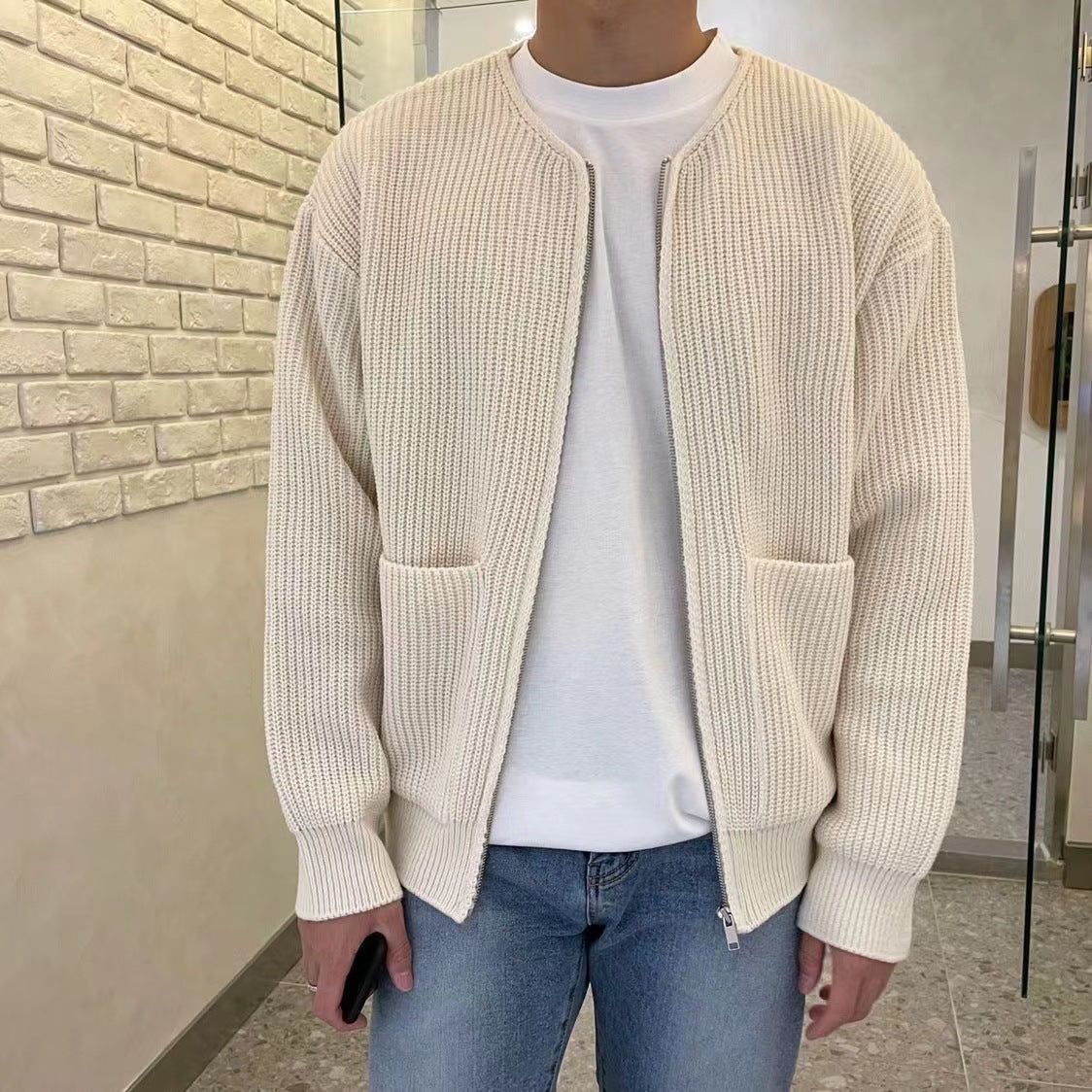 Lightweight Relaxed Men's Zip Cardigan - Boxy Knit, Lined 3D Changing Face Moving Picture Frame - Tophatter Daily Deals