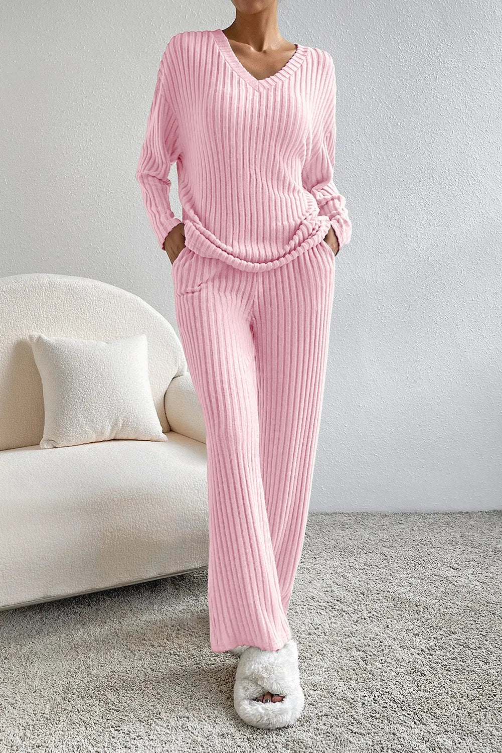 Light Pink Ribbed Knit V Neck Slouchy Two-piece Outfit Loungewear & Sleepwear/Loungewear - Tophatter Daily Deals
