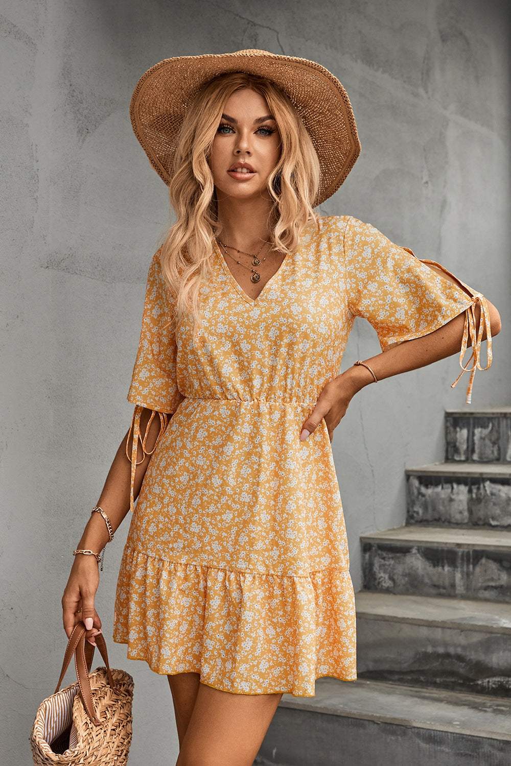 Ditsy Floral V-Neck Half Sleeve Mini Dress Pastel Yellow Casual Dresses - Tophatter Daily Deals