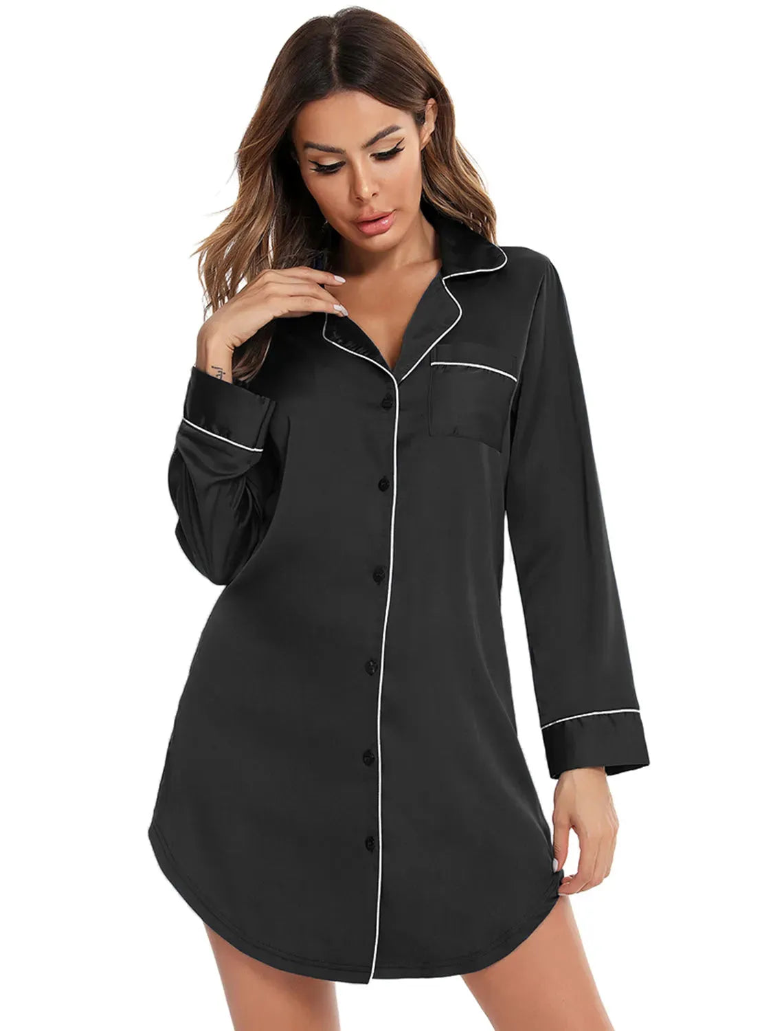 Button Up Lapel Collar Night Dress with Pocket Sleep Dresses - Tophatter Daily Deals