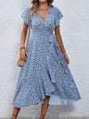 Printed Surplice Flutter Sleeve Midi Dress Blue Casual Dresses - Tophatter Daily Deals