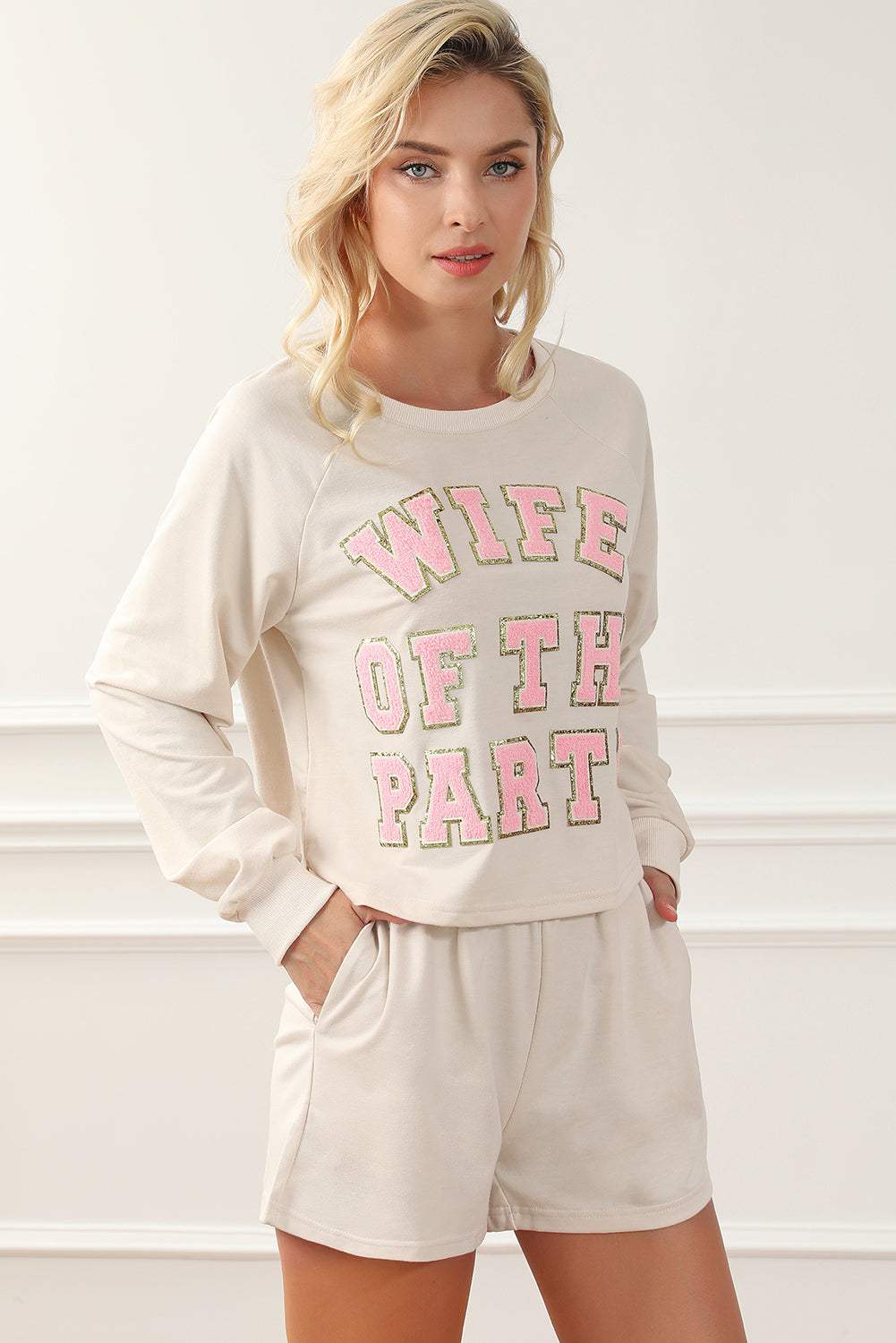 WIFE OF THE PARTY Round Neck Top and Shorts Lounge Set Loungewear Sets - Tophatter Daily Deals