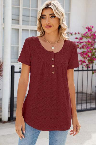 Eyelet Quarter Button Short Sleeve T-Shirt Brick Red Women's T-Shirts - Tophatter Daily Deals