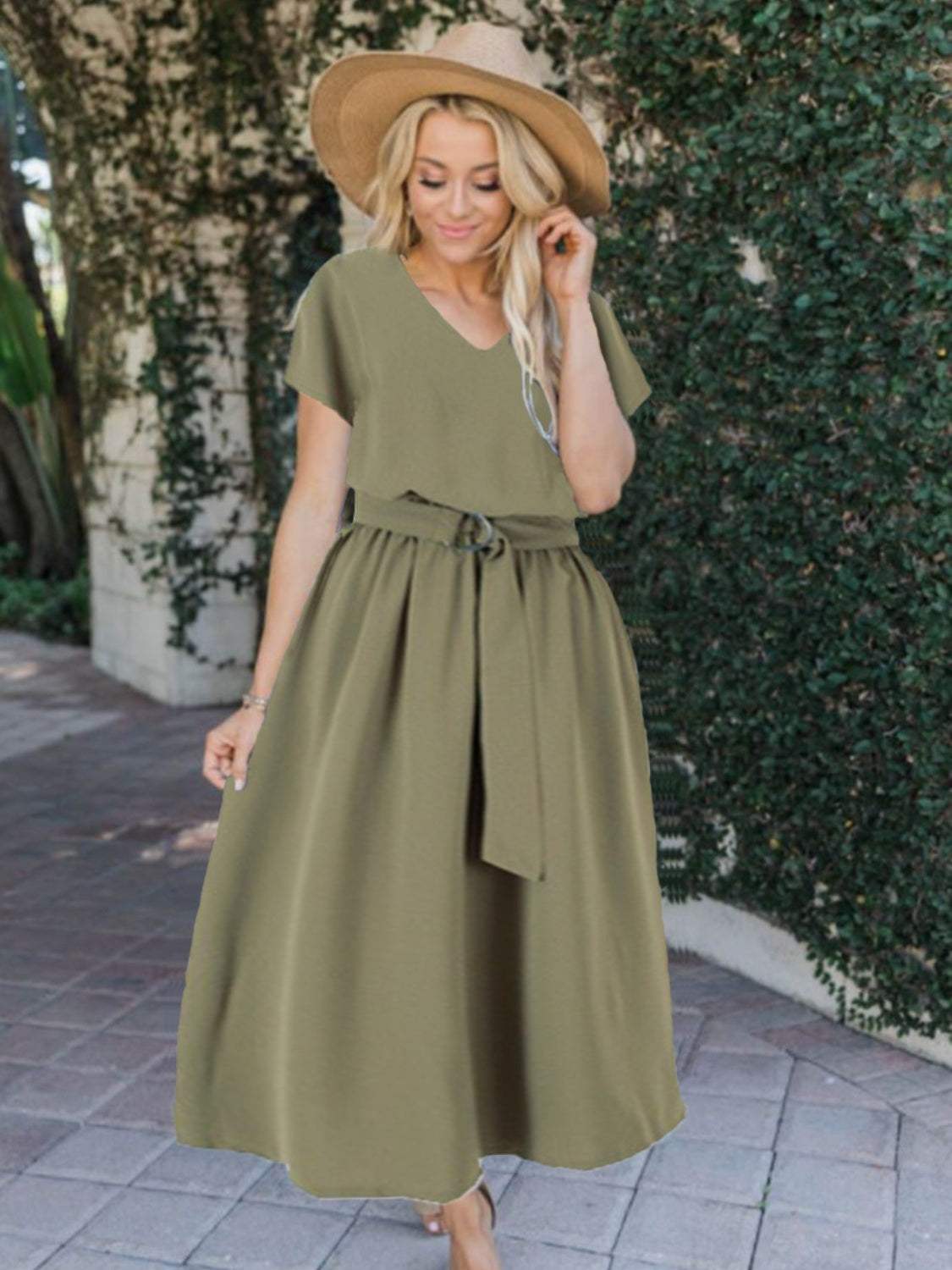 Ruched V-Neck Cap Sleeve Dress Matcha Green Casual Dresses - Tophatter Daily Deals