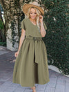 Ruched V-Neck Cap Sleeve Dress Matcha Green Casual Dresses - Tophatter Daily Deals