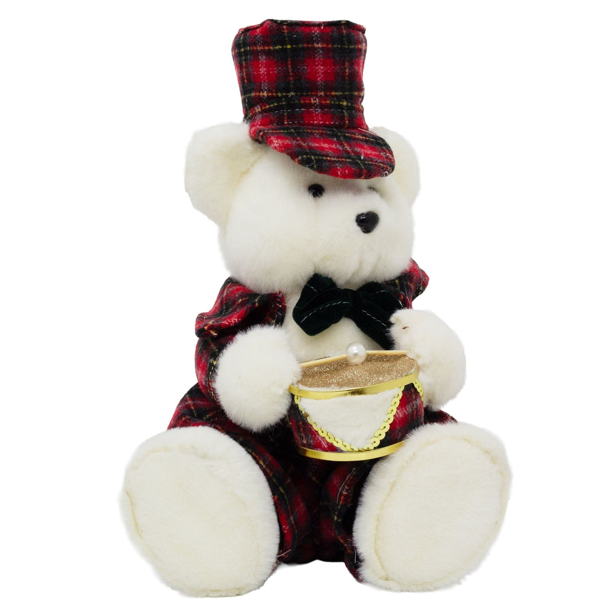 Sitting Christmas Bear Decoration | Fluffy Bear in Tartan Uniform with Drum Ornament - Tophatter Daily Deals