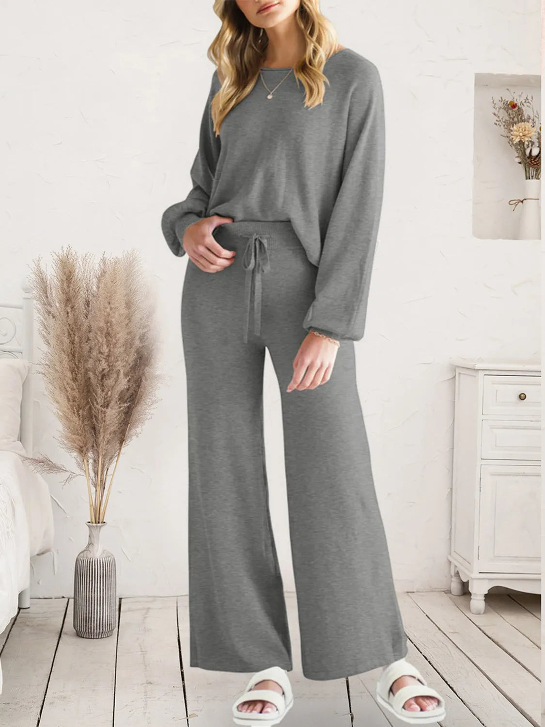 Long Sleeve Lounge Top and Drawstring Pants Set Dark Gray Loungewear Sets - Tophatter Daily Deals