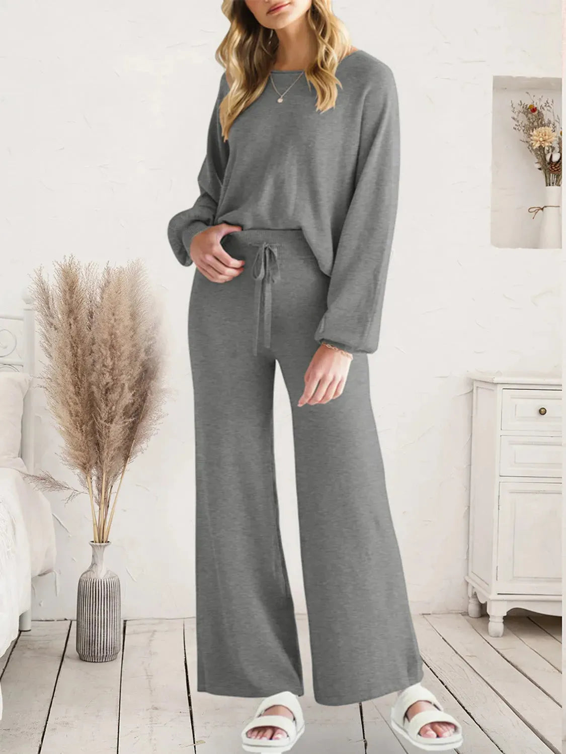 Long Sleeve Lounge Top and Drawstring Pants Set Dark Gray Loungewear Sets - Tophatter Daily Deals