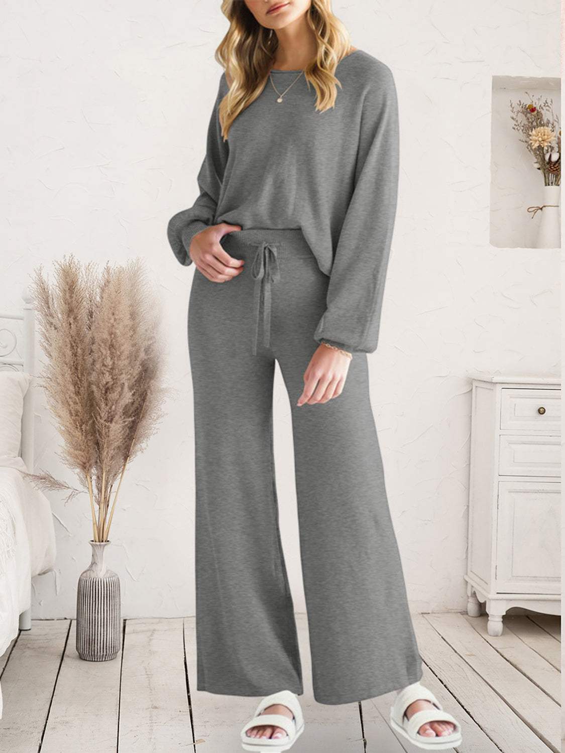 Long Sleeve Lounge Top and Drawstring Pants Set Loungewear Sets - Tophatter Daily Deals