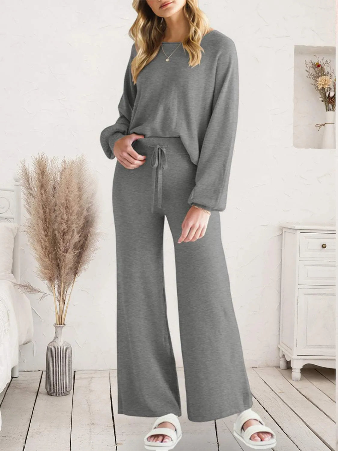 Long Sleeve Lounge Top and Drawstring Pants Set Loungewear Sets - Tophatter Daily Deals