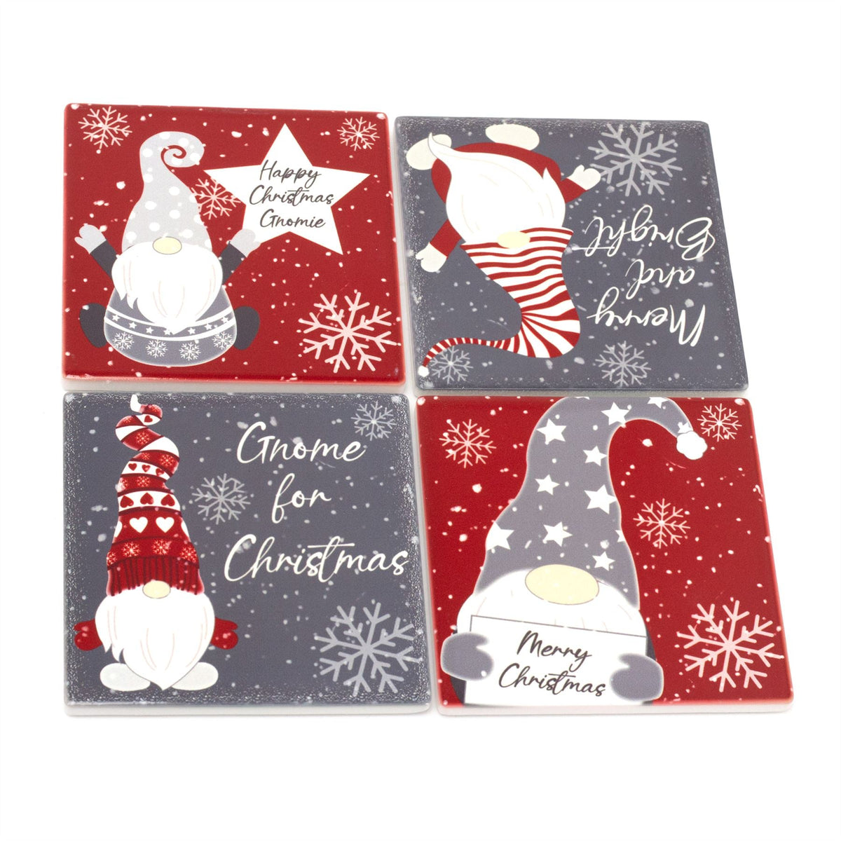 Set of 4 Fun Christmas Gonk Coasters | Square Ceramic Drinks Coasters - 10cm Coaster - Tophatter Daily Deals
