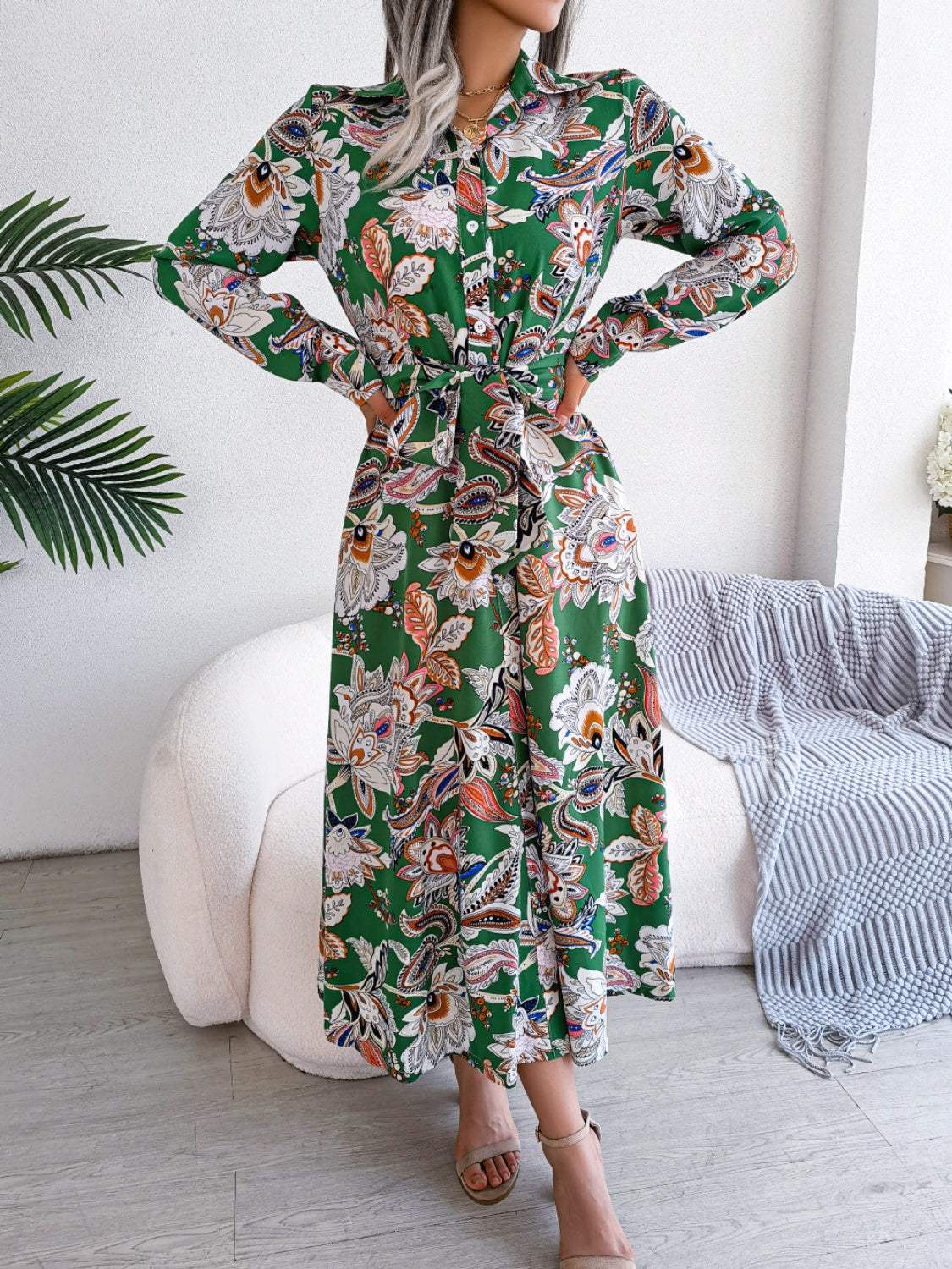 Tied Printed Long Sleeve Midi Dress Green Casual Dresses - Tophatter Daily Deals