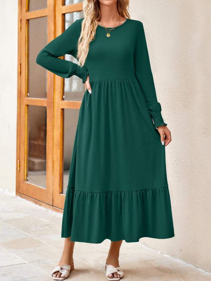 Round Neck Lantern Sleeve Ruffle Hem Dress Green Casual Dresses - Tophatter Daily Deals