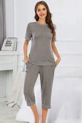 Round Neck Short Sleeve Top and Capris Pants Lounge Set Dark Gray Loungewear Sets - Tophatter Daily Deals