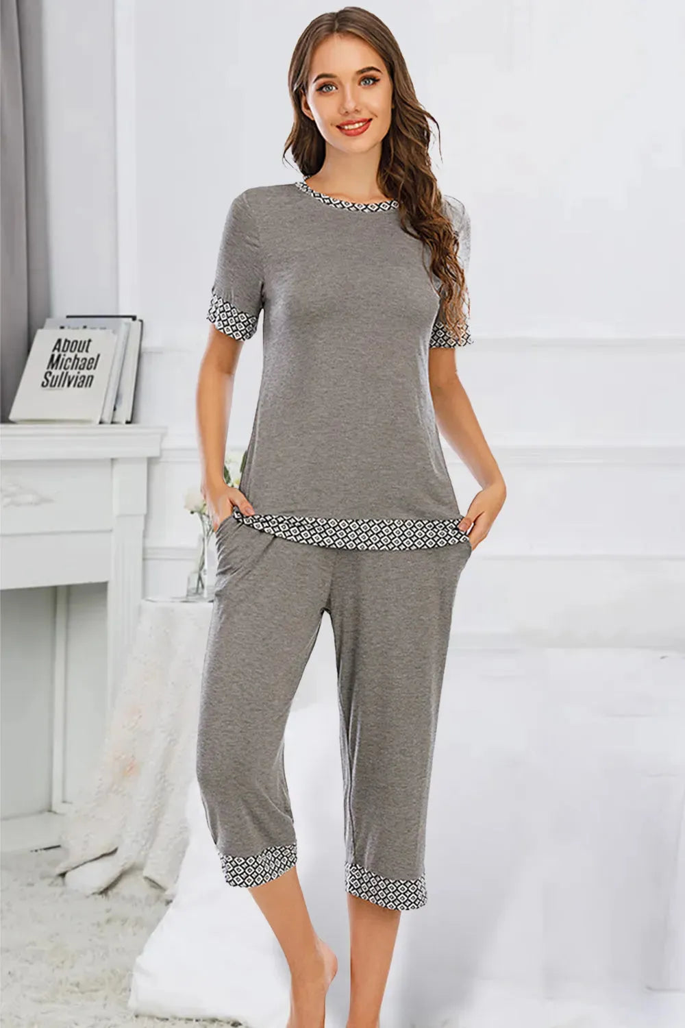 Round Neck Short Sleeve Top and Capris Pants Lounge Set Dark Gray Loungewear Sets - Tophatter Daily Deals