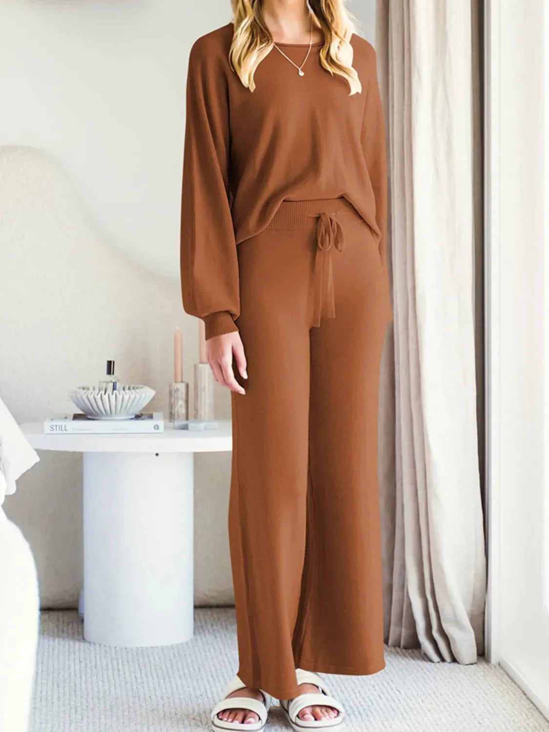 Long Sleeve Lounge Top and Drawstring Pants Set Loungewear Sets - Tophatter Daily Deals