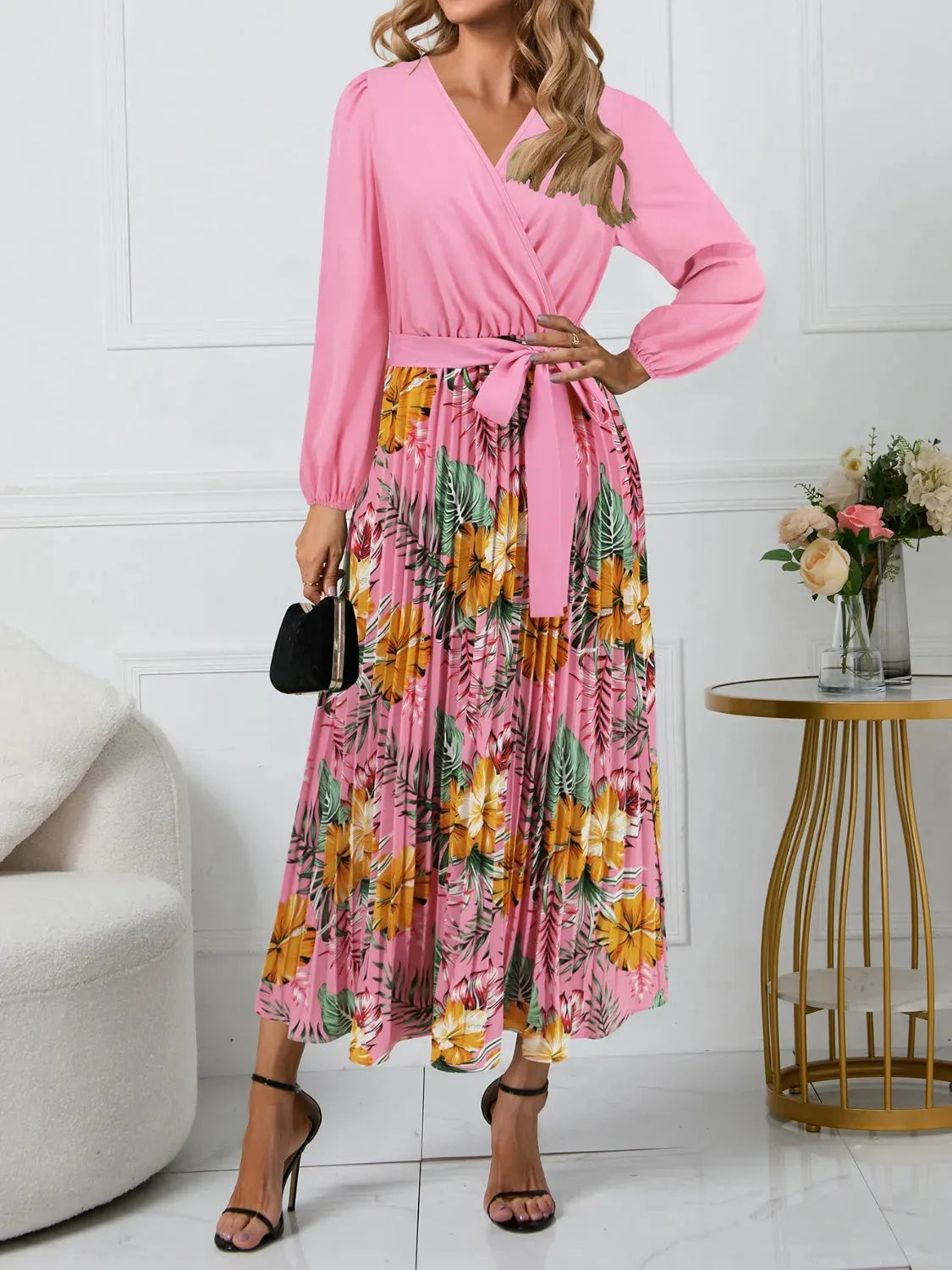 Pleated Printed Surplice Long Sleeve Dress Pink Casual Dresses - Tophatter Daily Deals