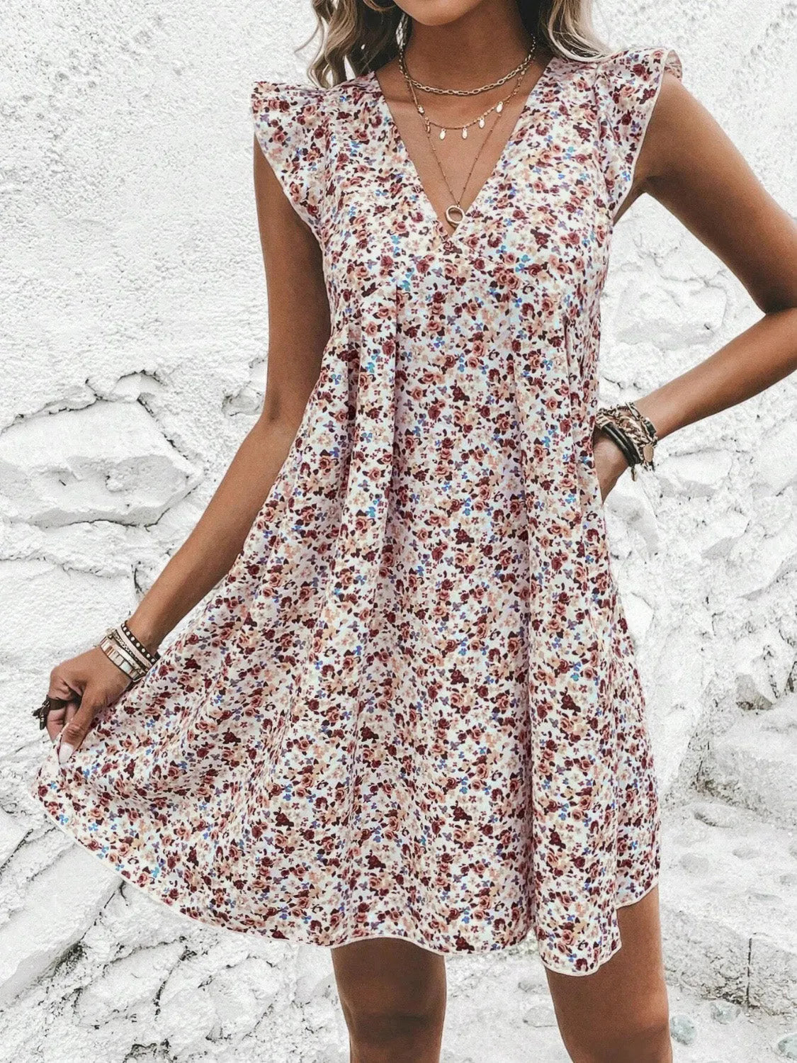 Printed V-Neck Cap Sleeve Mini Dress Casual Dresses - Tophatter Daily Deals