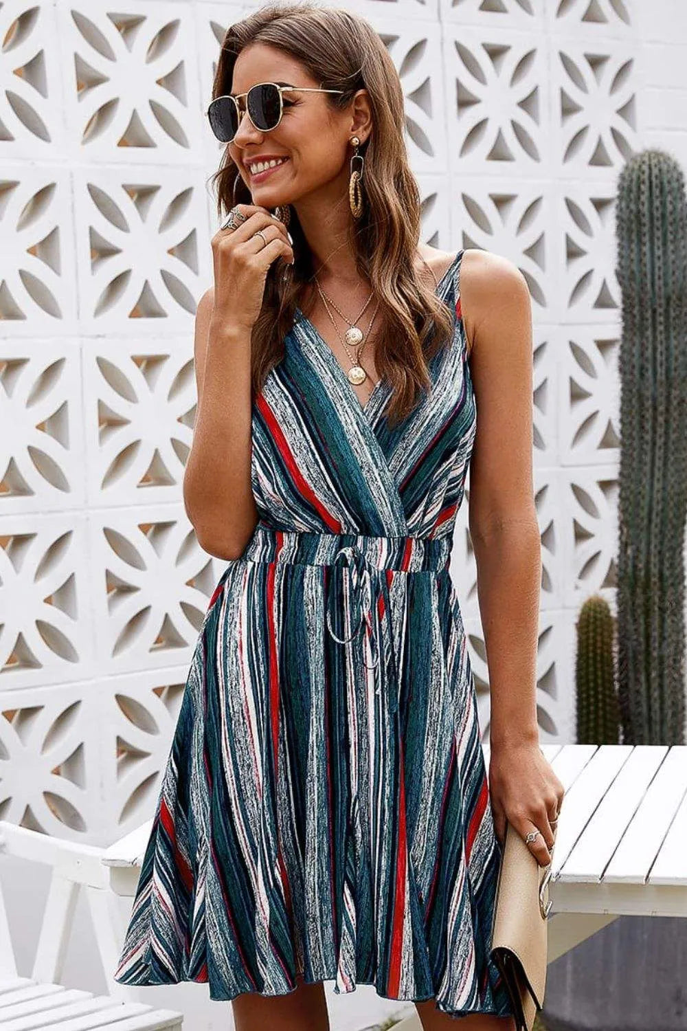 Striped Surplice Neck Spaghetti Strap Dress Multicolor Casual Dresses - Tophatter Daily Deals