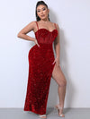 Sequin Spliced Mesh Adjustable Strap Dress Red Cocktail Dresses - Tophatter Daily Deals