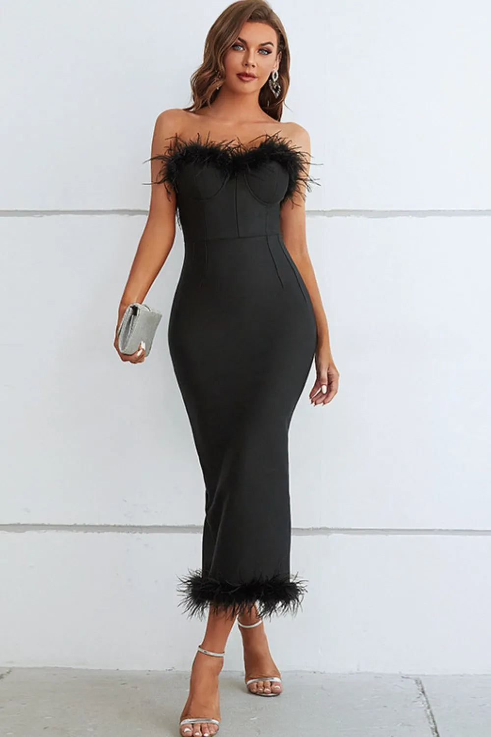 Feather Trim Strapless Sweetheart Neck Dress Black Cocktail Dresses - Tophatter Daily Deals