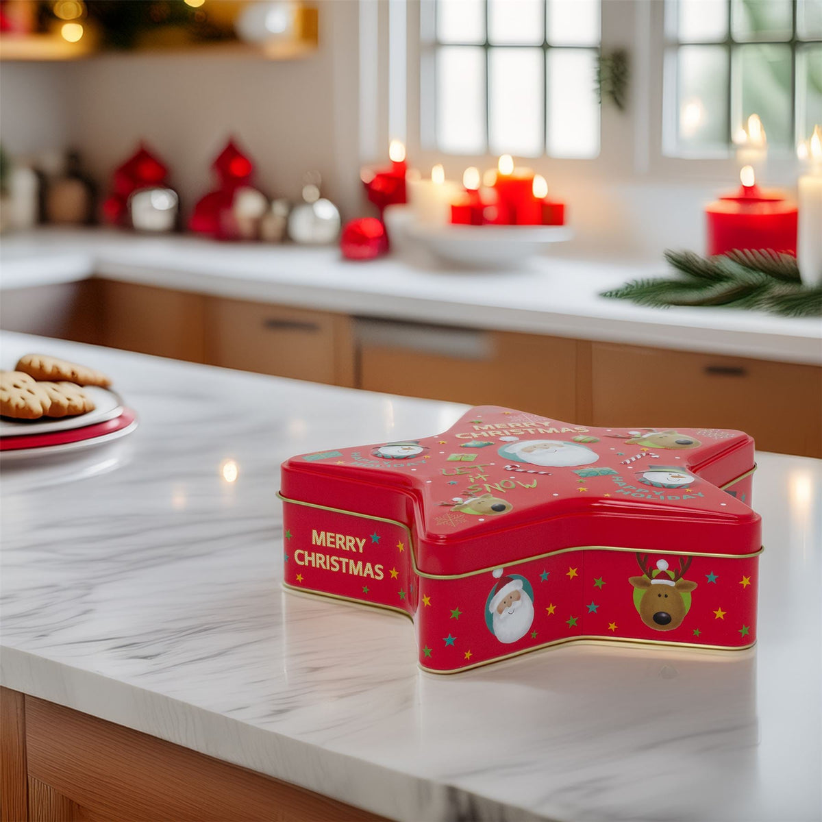 Red Star Christmas Tin Storage Boxes | Cookie Biscuit Tin Star Gift Box 19cm Tin - Tophatter Daily Deals