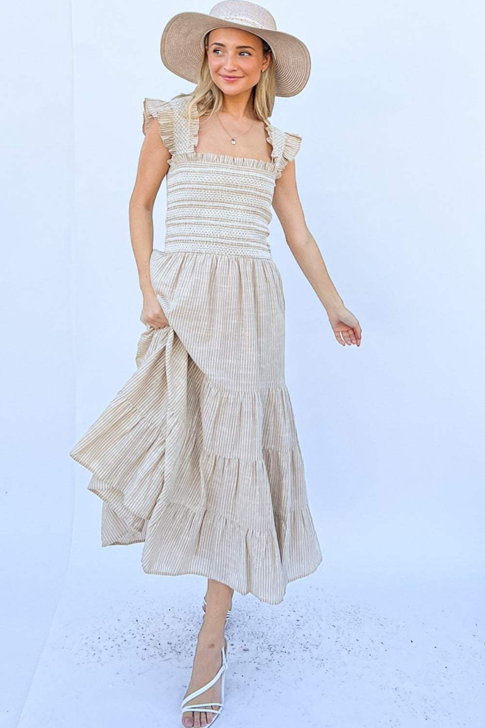 And The Why Linen Striped Ruffle Dress NATURAL Casual Dresses - Tophatter Daily Deals