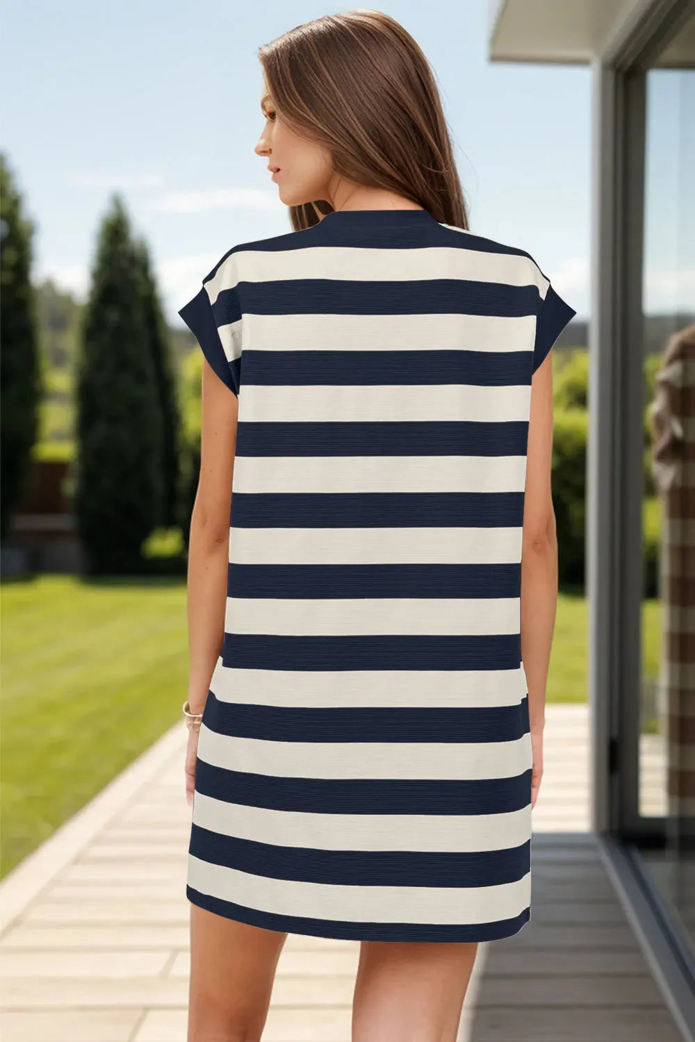 Striped Round Neck Cap Sleeve Mini Dress Casual Dresses - Tophatter Daily Deals