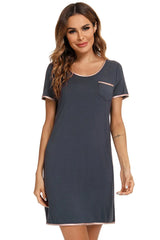Contrast Trim Pocketed Round Neck Lounge Dress Sleep Dresses - Tophatter Daily Deals