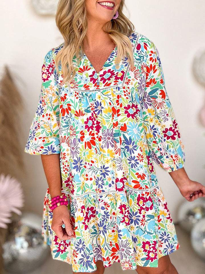 V-Neck Floral Print Long Sleeve Mini Dress Casual Dresses - Tophatter Daily Deals