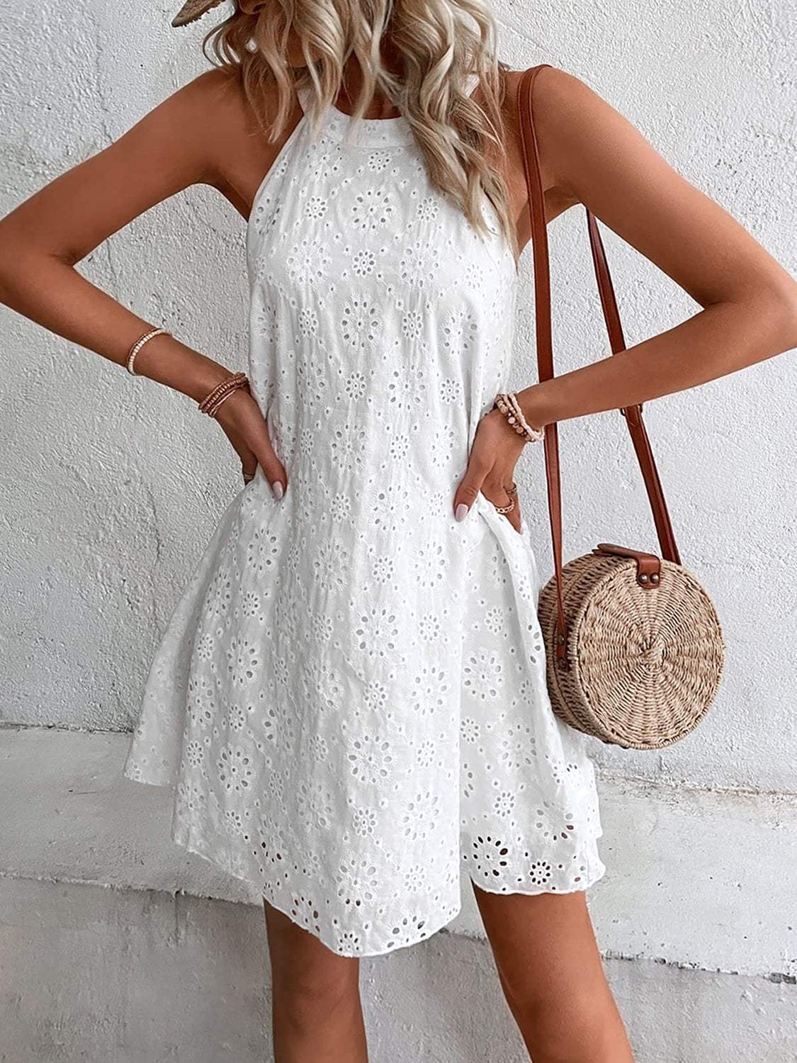 Eyelet Grecian Neck Mini Dress White Casual Dresses - Tophatter Daily Deals