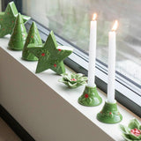 Set of 2 Green Ceramic Christmas Candlesticks | Holly and Berry Candle Holders Candle Holder - Tophatter Daily Deals