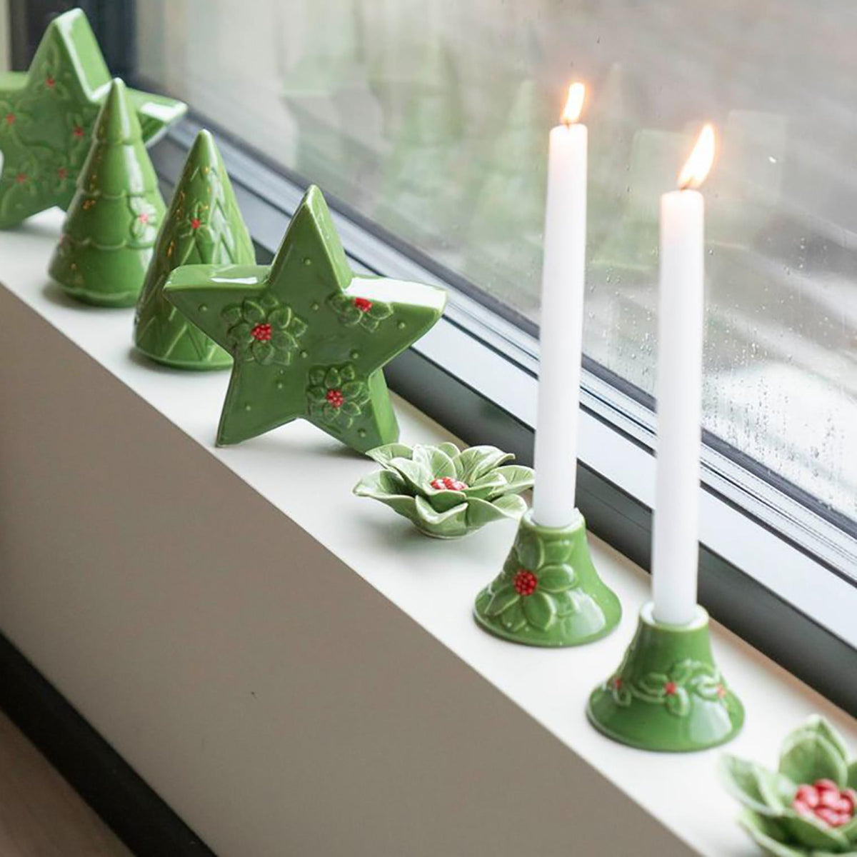 Set of 2 Green Ceramic Christmas Candlesticks | Holly and Berry Candle Holders Candle Holder - Tophatter Daily Deals