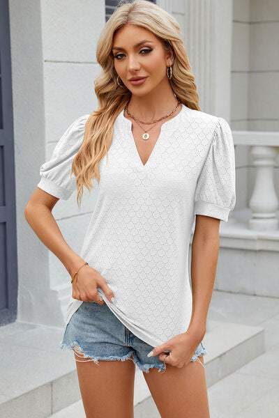 Eyelet Notched Puff Sleeve T-Shirt White Women's T-Shirts - Tophatter Daily Deals