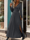 Lace Detail Slit V-Neck Long Sleeve Dress Dark Gray Casual Dresses - Tophatter Daily Deals