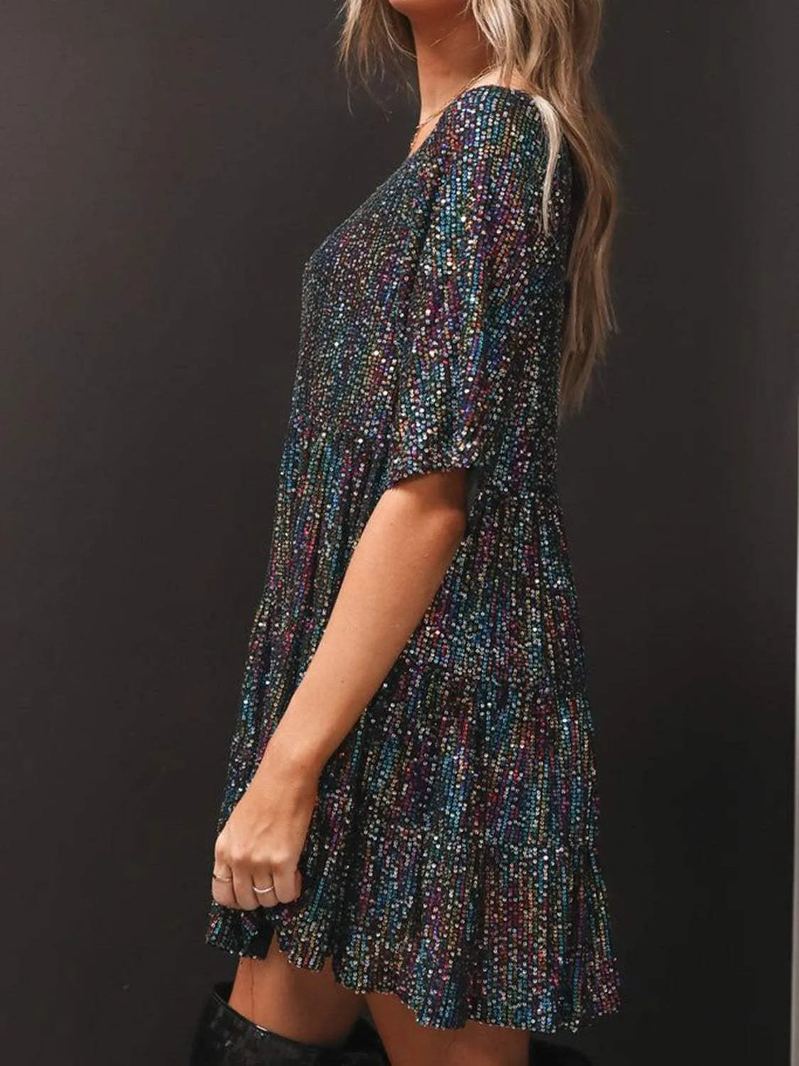 Full Size Sequin Round Neck Half Sleeve Mini Dress Casual Dresses - Tophatter Daily Deals