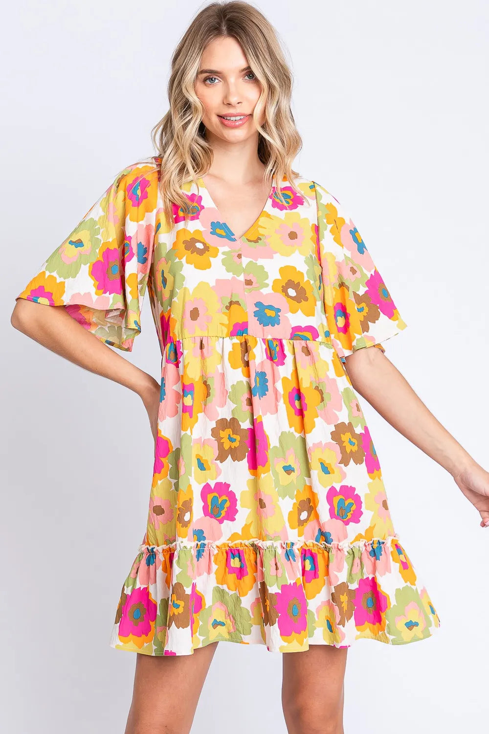 GeeGee Full Size Floral V-Neck Ruffle Trim Mini Dress Off White Multi Casual Dresses - Tophatter Daily Deals