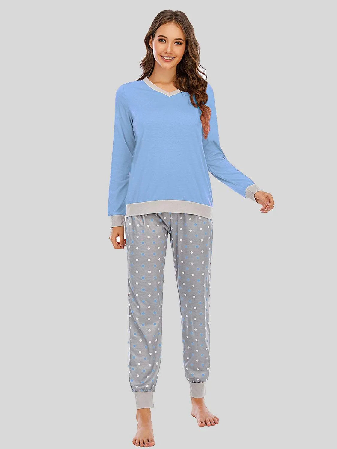 Long Sleeve Top and Polka Dot Pants Set Pastel Blue Loungewear Sets - Tophatter Daily Deals