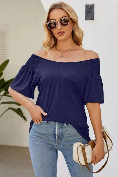 Smocked Round Neck Flutter Sleeve T-Shirt Navy Women's T-Shirts - Tophatter Daily Deals